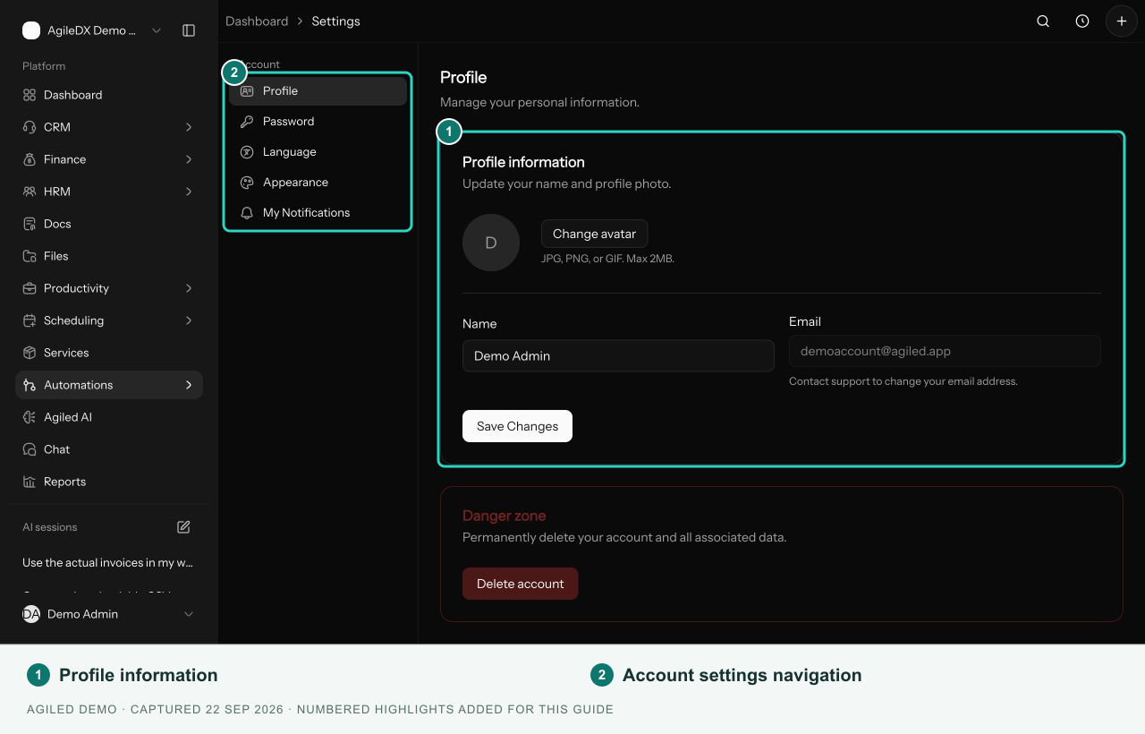 Profile settings page showing account details, avatar, email address, and save changes action