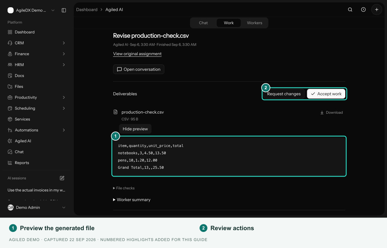 Preview of an existing CSV deliverable beside Request changes and Accept work