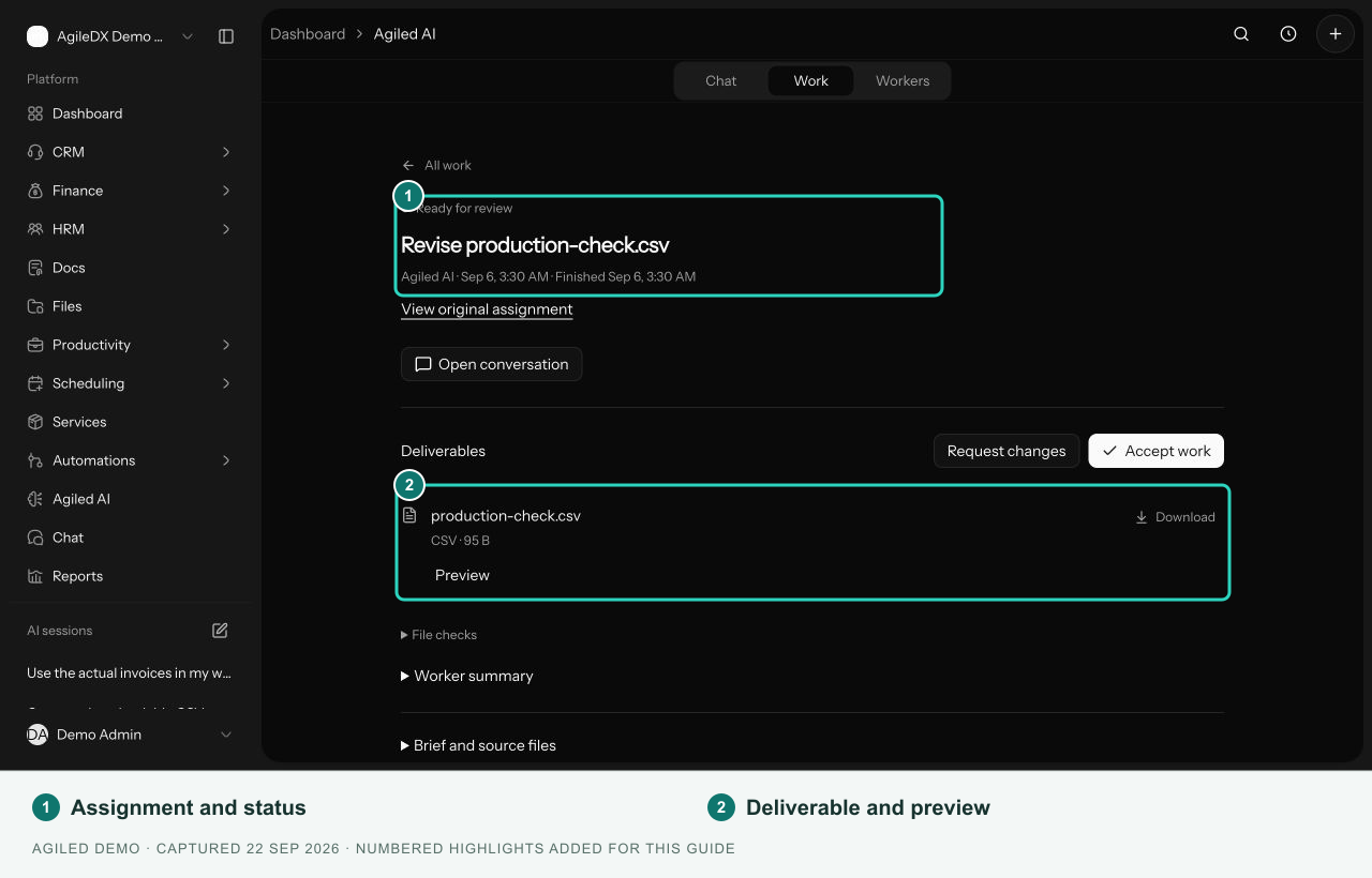 Existing assignment showing Ready for review and its CSV deliverable
