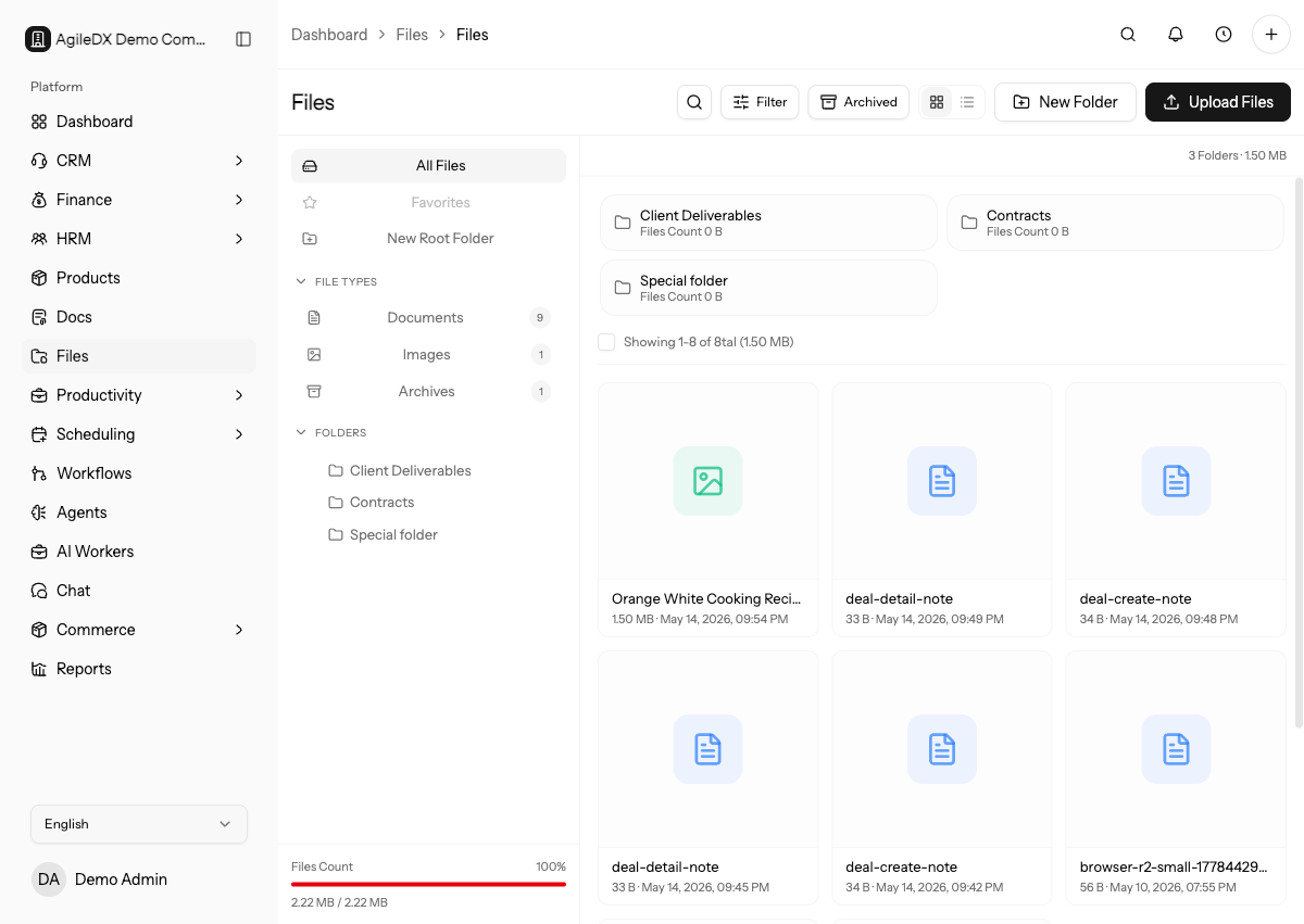 Files manager showing folders, file list, search, filters, view controls, new folder, and upload actions