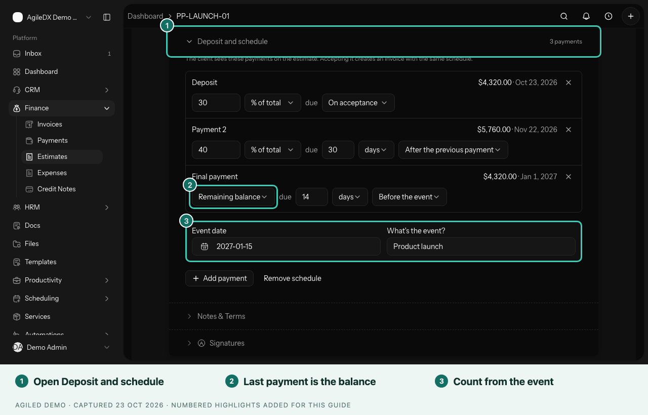 Estimate editor showing the Deposit and schedule section with a 30% deposit, a second payment and a final payment counted from the event date