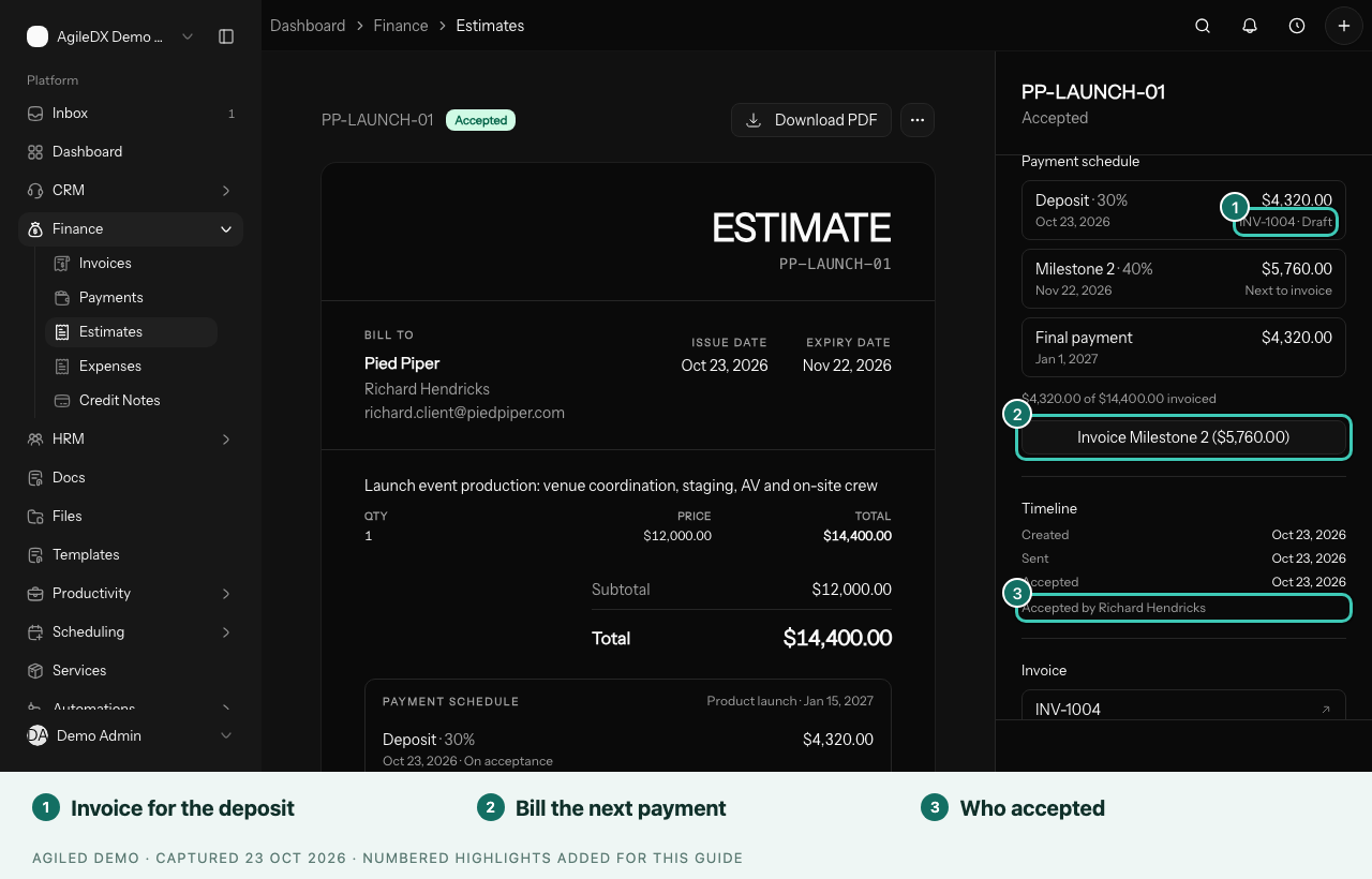 Accepted estimate showing the payment schedule with the deposit invoiced and a button to invoice the next payment