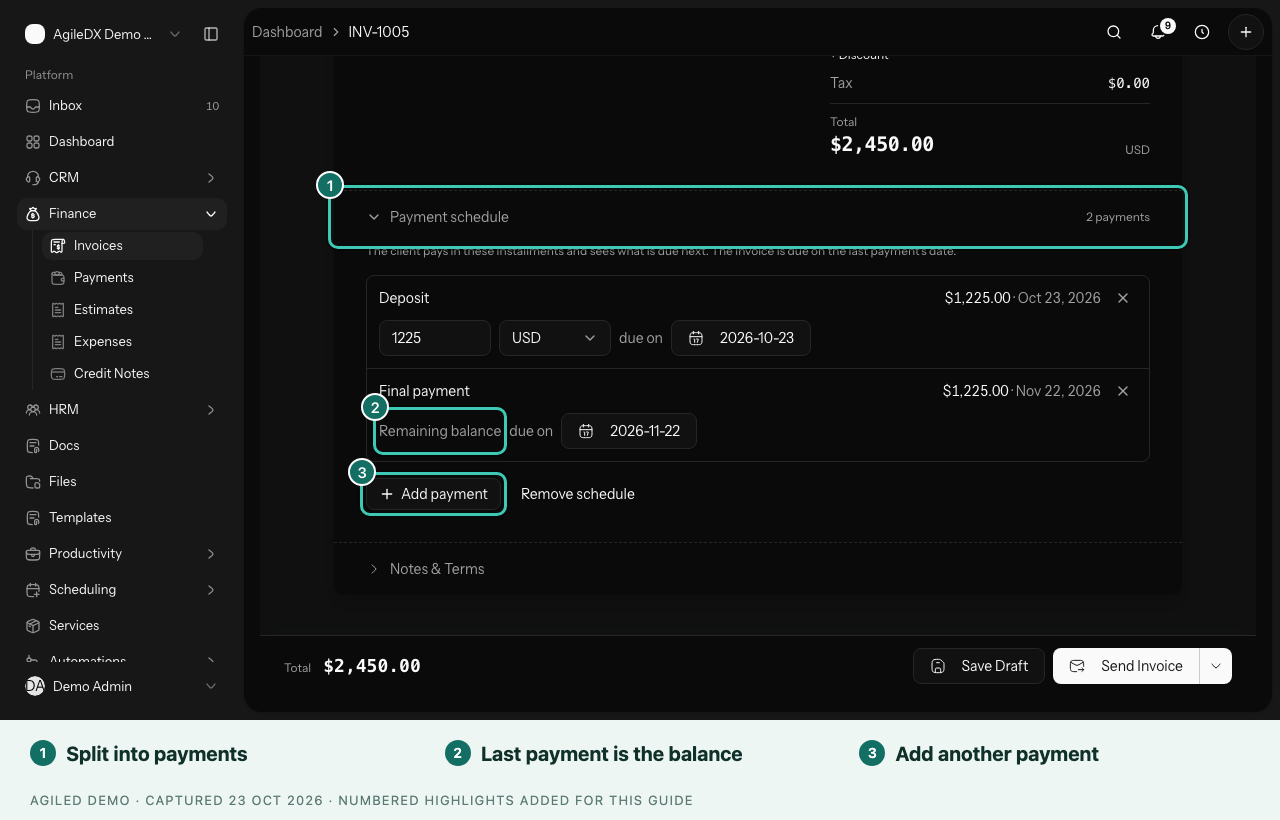 Invoice editor showing the Payment schedule section with a deposit and a final payment for the remaining balance