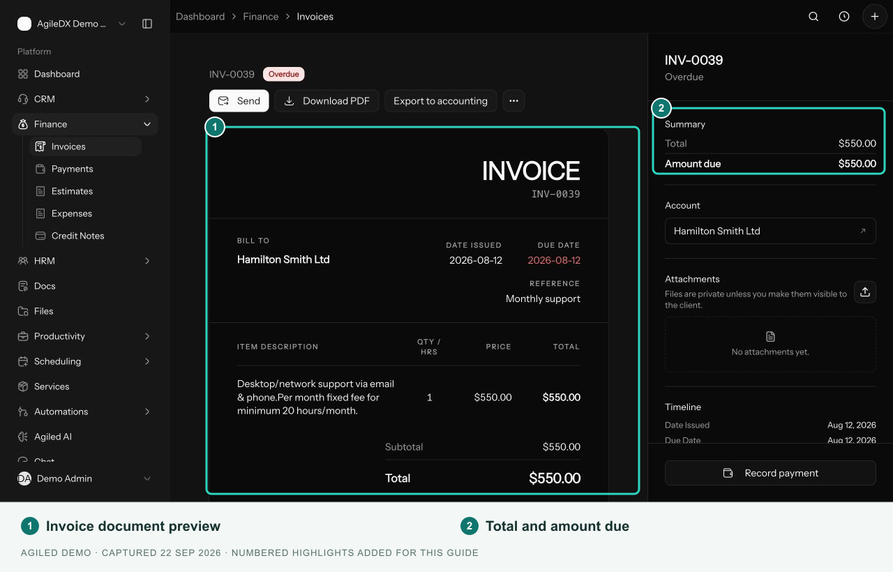 Finance invoice preview showing the customer-facing document layout