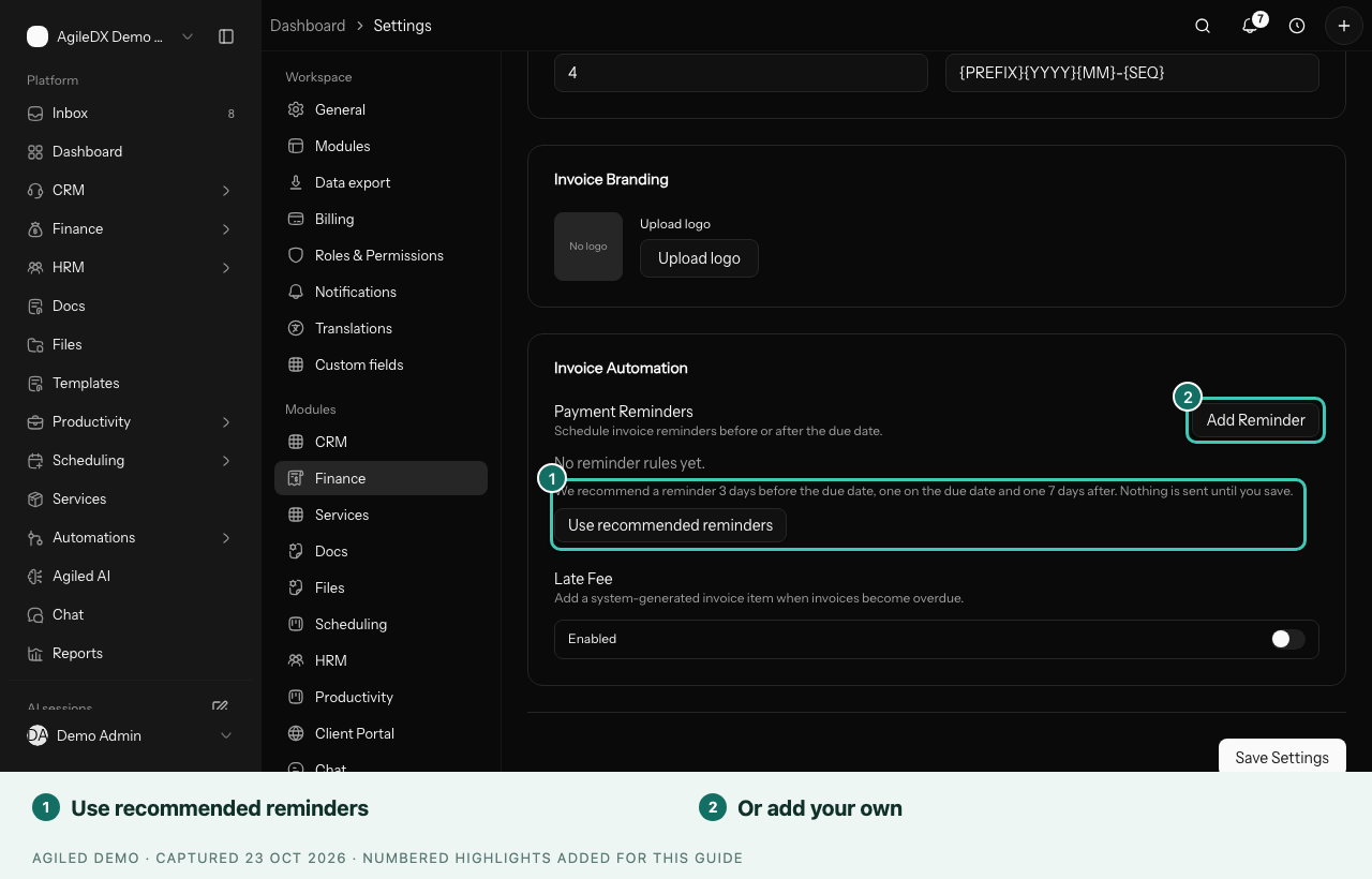 Invoice Automation settings showing the recommended reminder suggestion, the Use recommended reminders button and Add Reminder