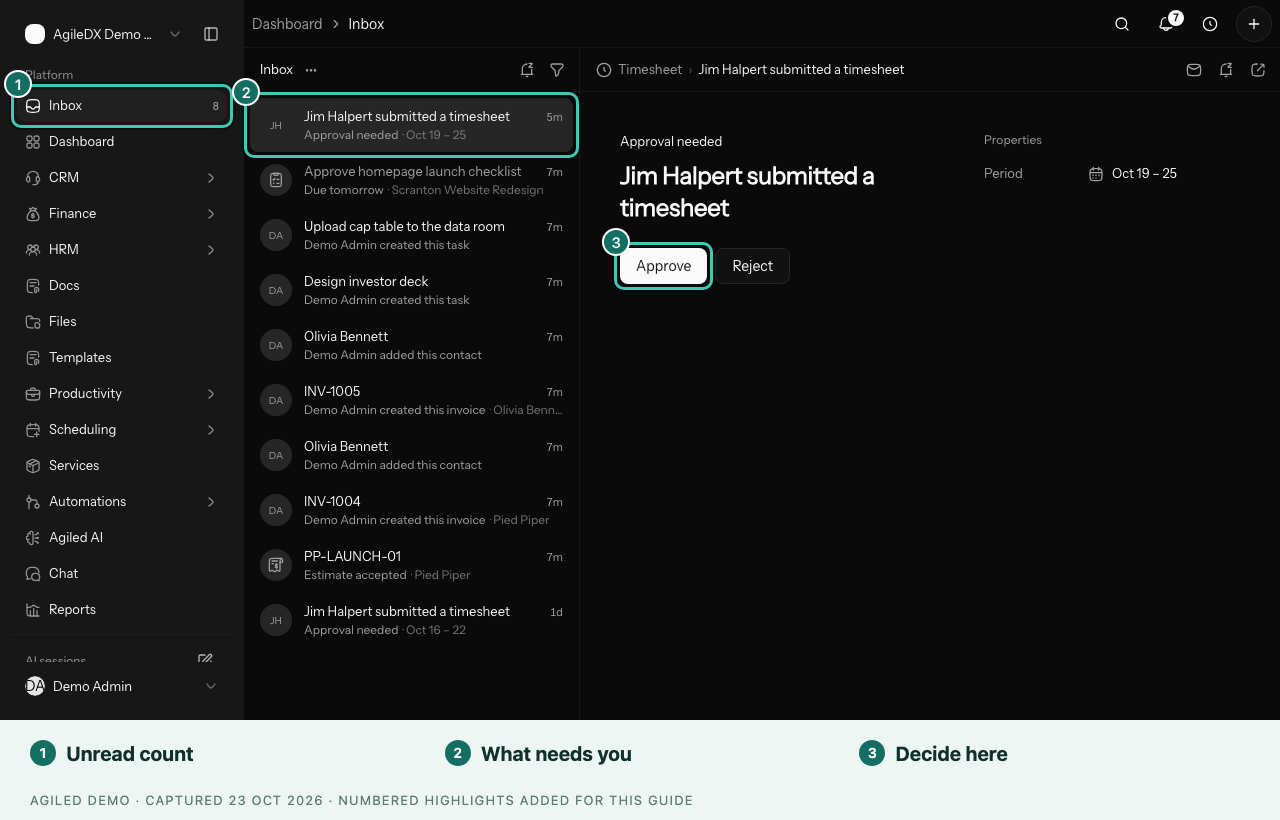 Inbox with a timesheet approval open in the detail pane