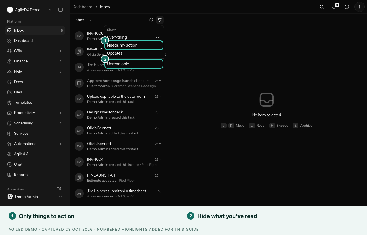 Inbox filter menu with Needs my action, Updates and Unread only