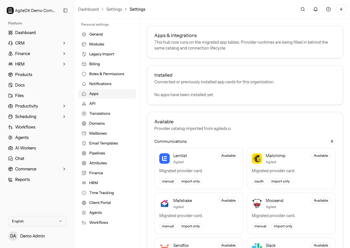 Settings apps catalog showing available integrations, categories, connected status, and provider cards