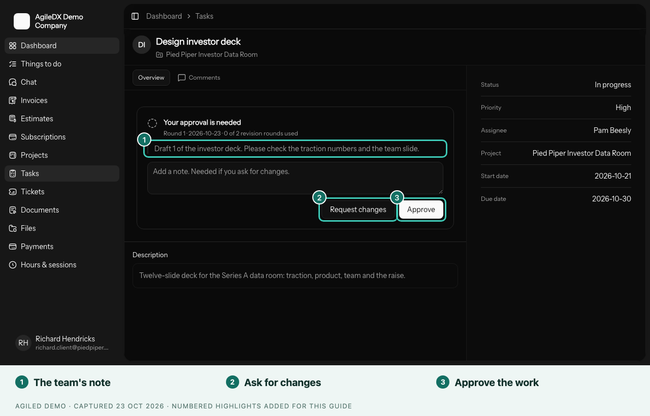 Client portal task with Approve and Request changes