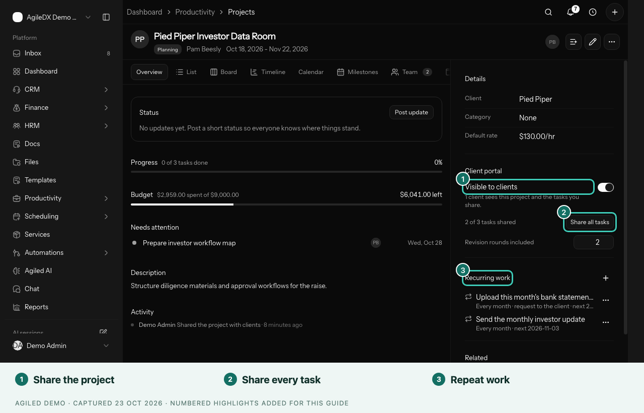 Project Details panel with Visible to clients, Share all tasks and Recurring work