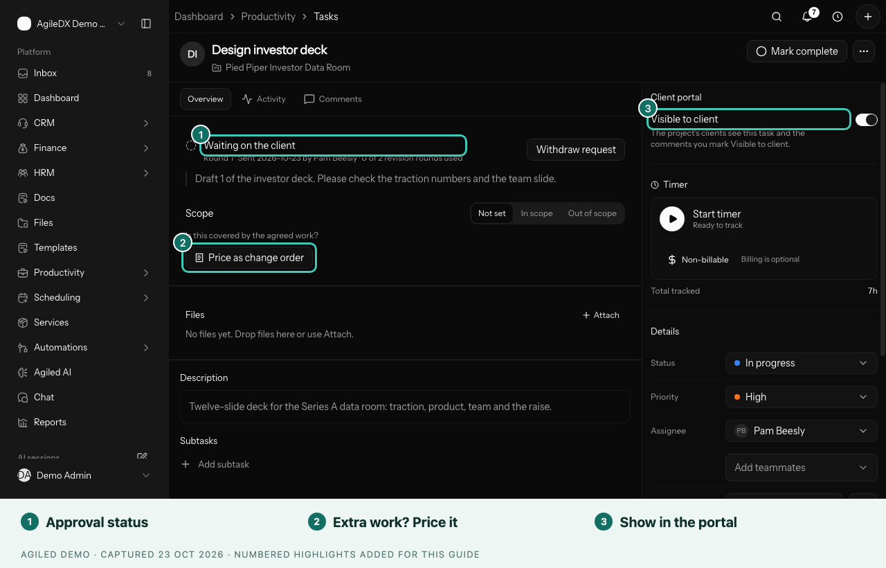 Task page showing Waiting on the client, Price as change order and Visible to client