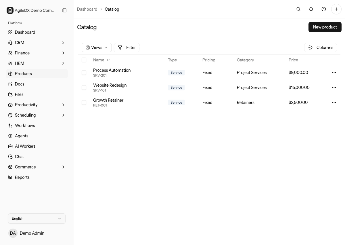 Product catalog showing saved products and the New product action
