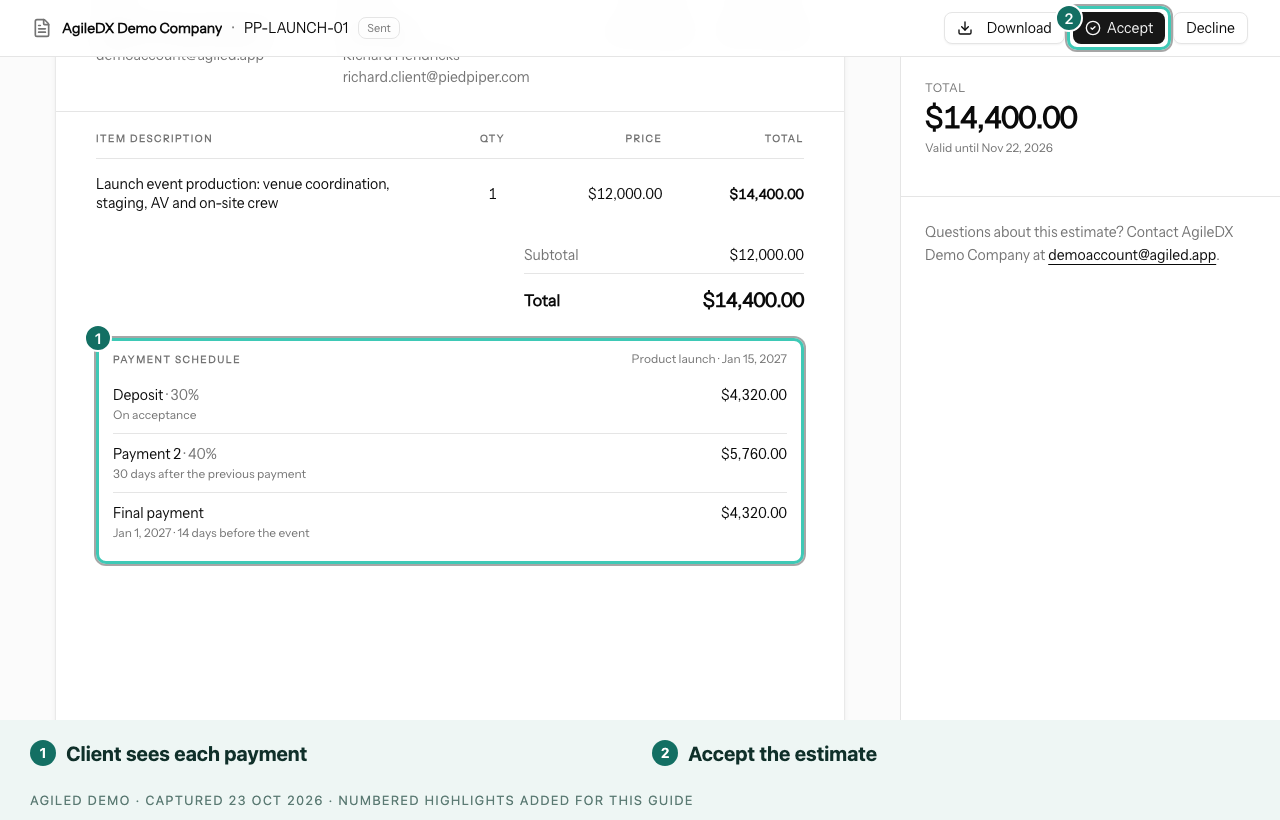 Public estimate showing the payment schedule with a deposit on acceptance, a second payment and a final payment before the event
