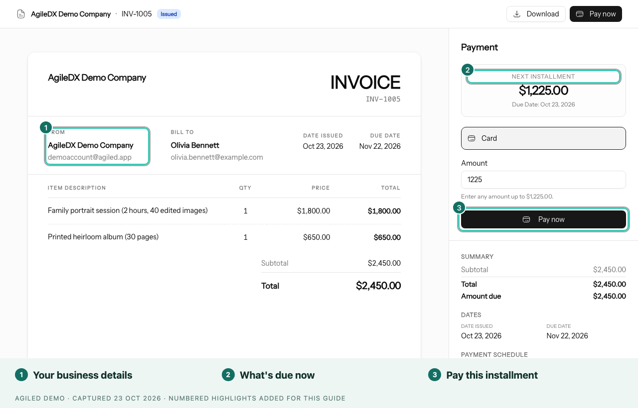 Public invoice showing the business details, the next installment and the Pay now button