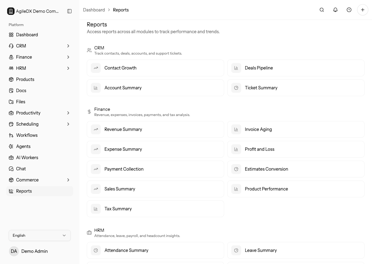 Reports home showing CRM, finance, productivity, and HRM report categories