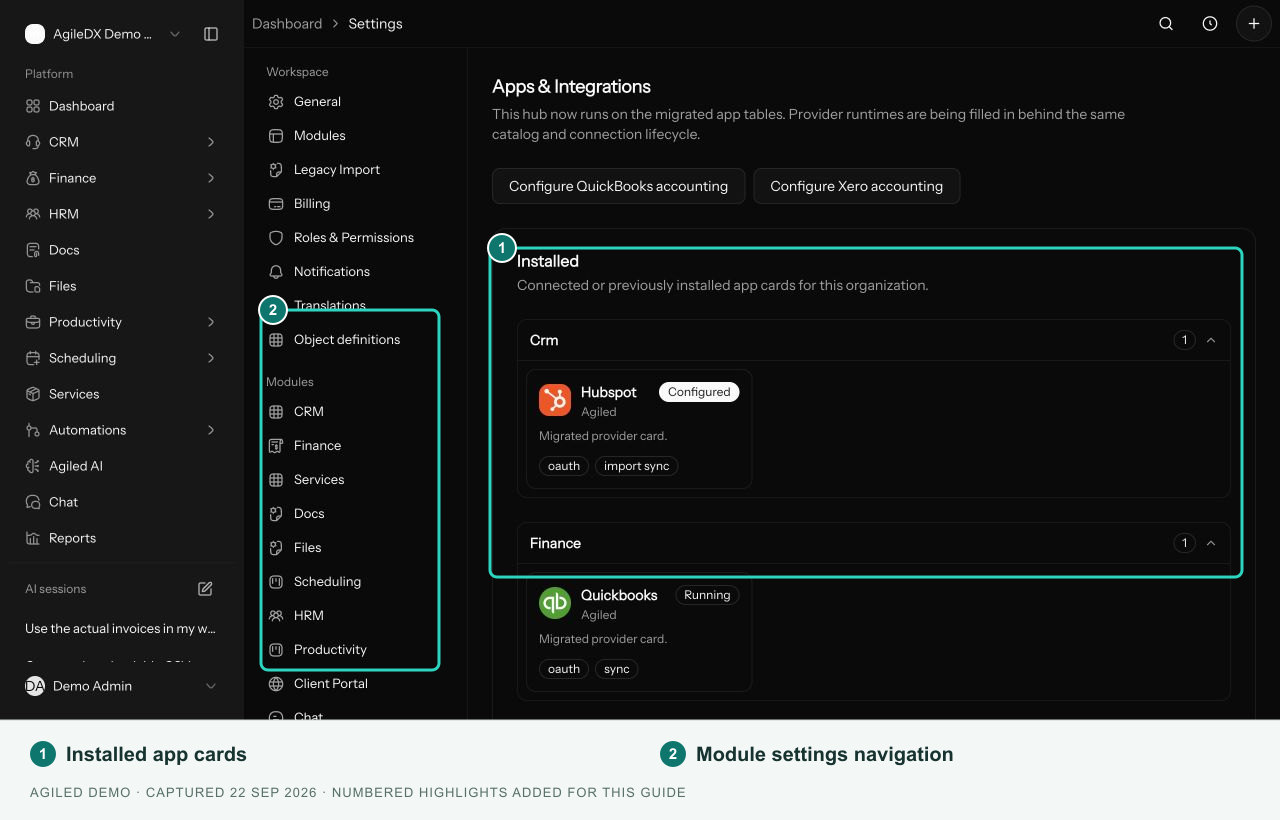 Apps settings showing available integrations and connected app controls