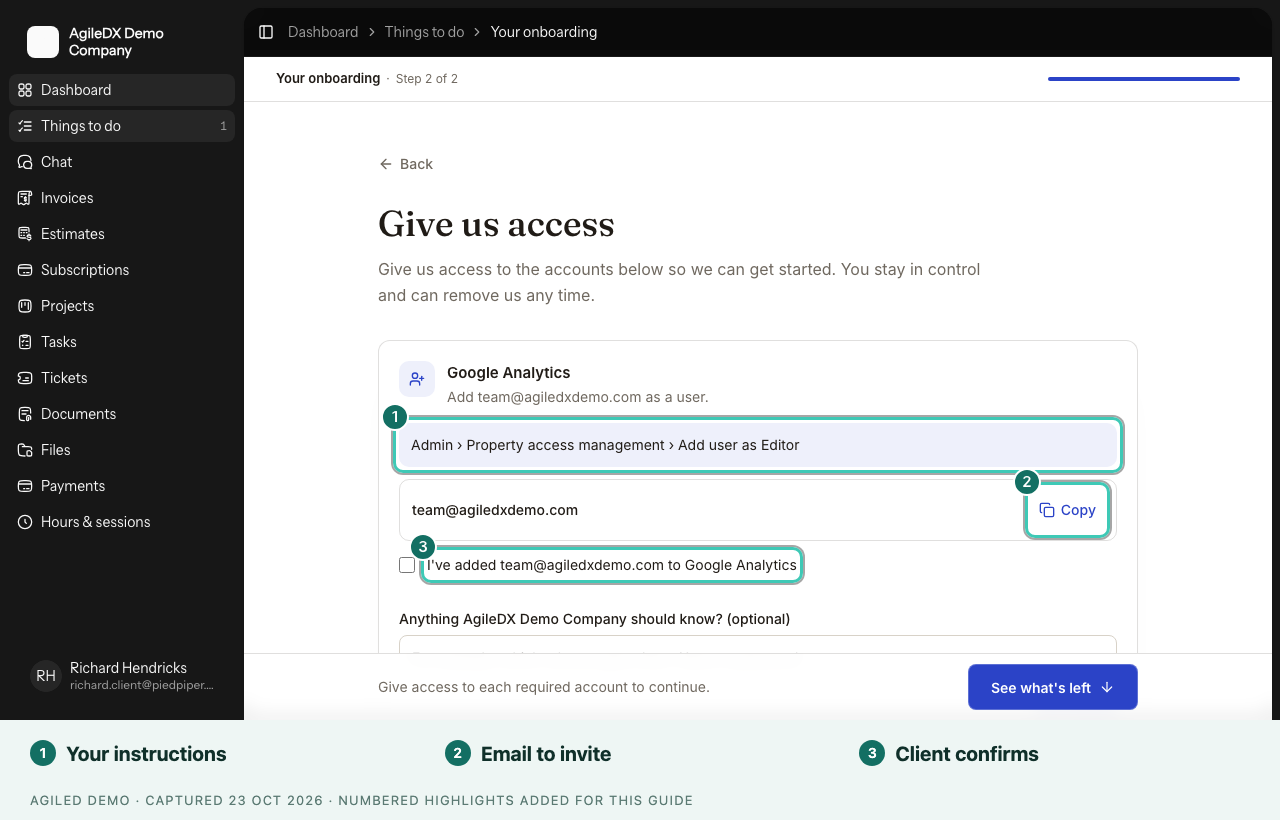 Client's Account access page in the portal with instructions, the email to invite, and a confirmation checkbox
