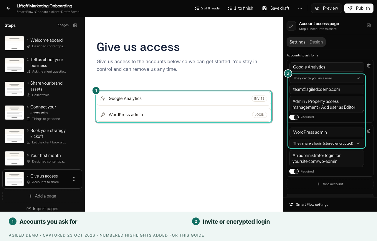 Account access page in the builder with two accounts: an invite for Google Analytics and an encrypted login for WordPress admin