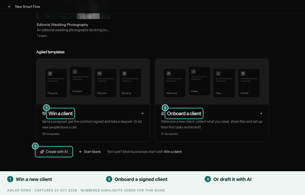New Smart Flow screen with the Win a client and Onboard a client cards, and Create with AI below them