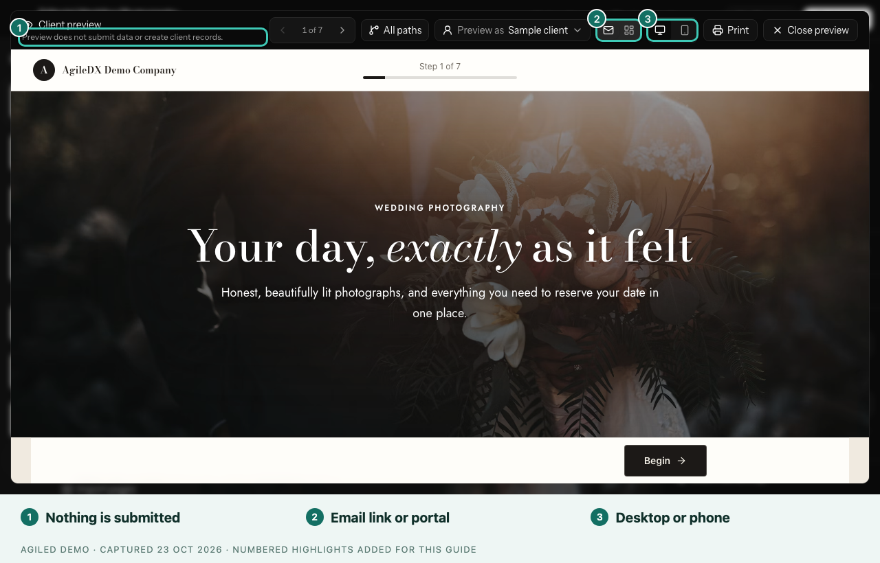 Client preview of a wedding Smart Flow with the email link or portal frame switch and the desktop or phone switch
