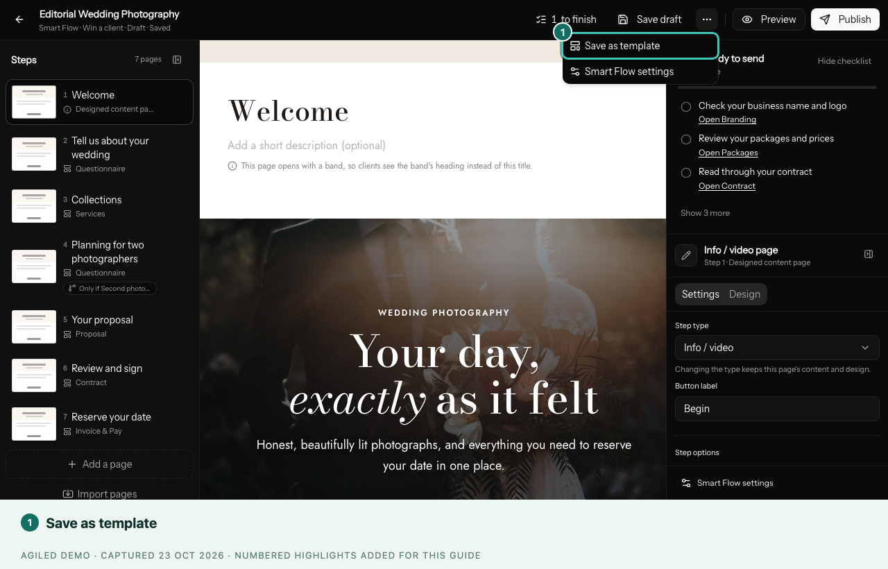 Builder header menu with Save as template