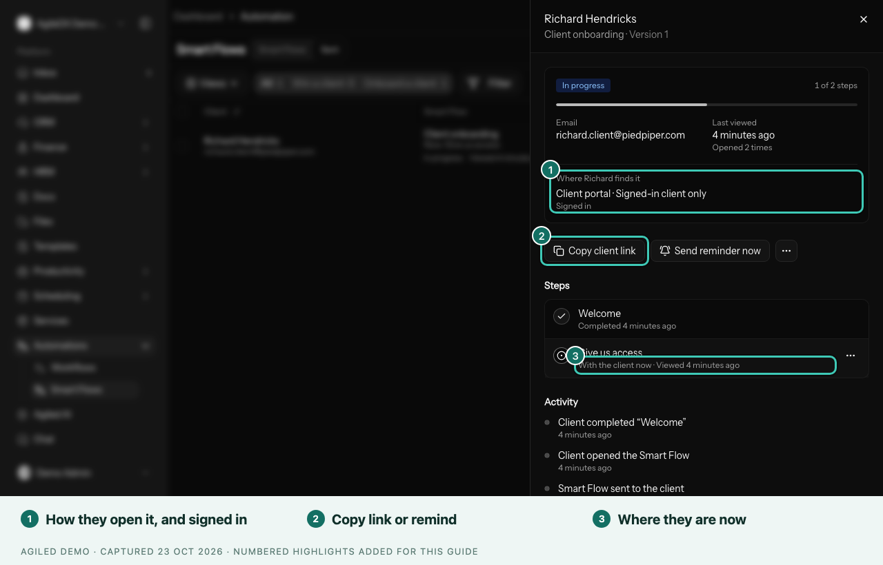 A sent Smart Flow's details with Where Richard finds it, Copy client link, Send reminder now and the step the client is on
