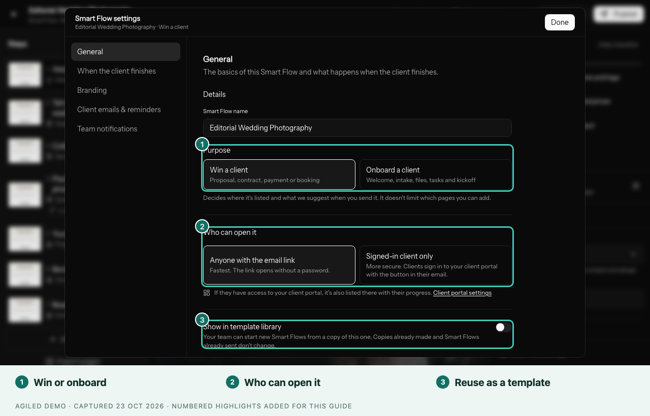 Smart Flow settings, General section, with Purpose, Who can open it and Show in template library