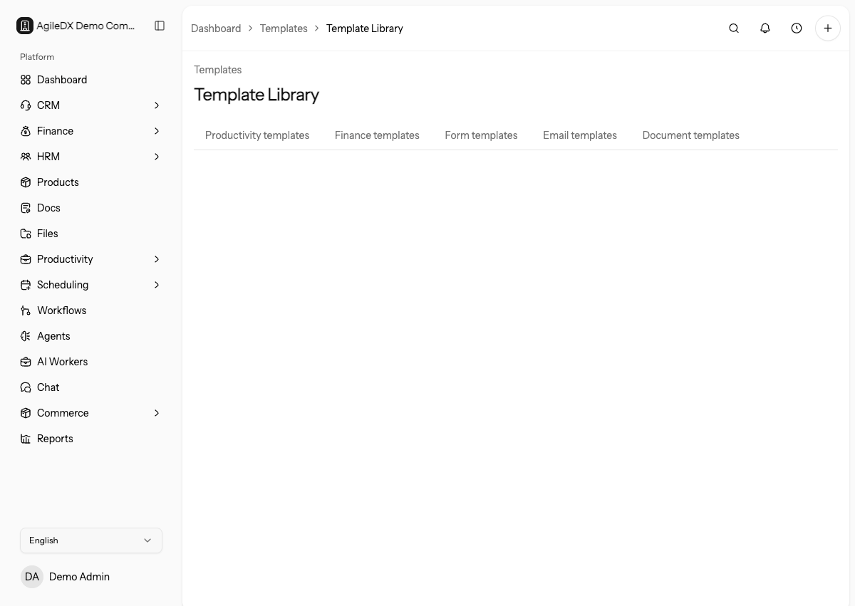Template library showing productivity, finance, form, email, and document template areas